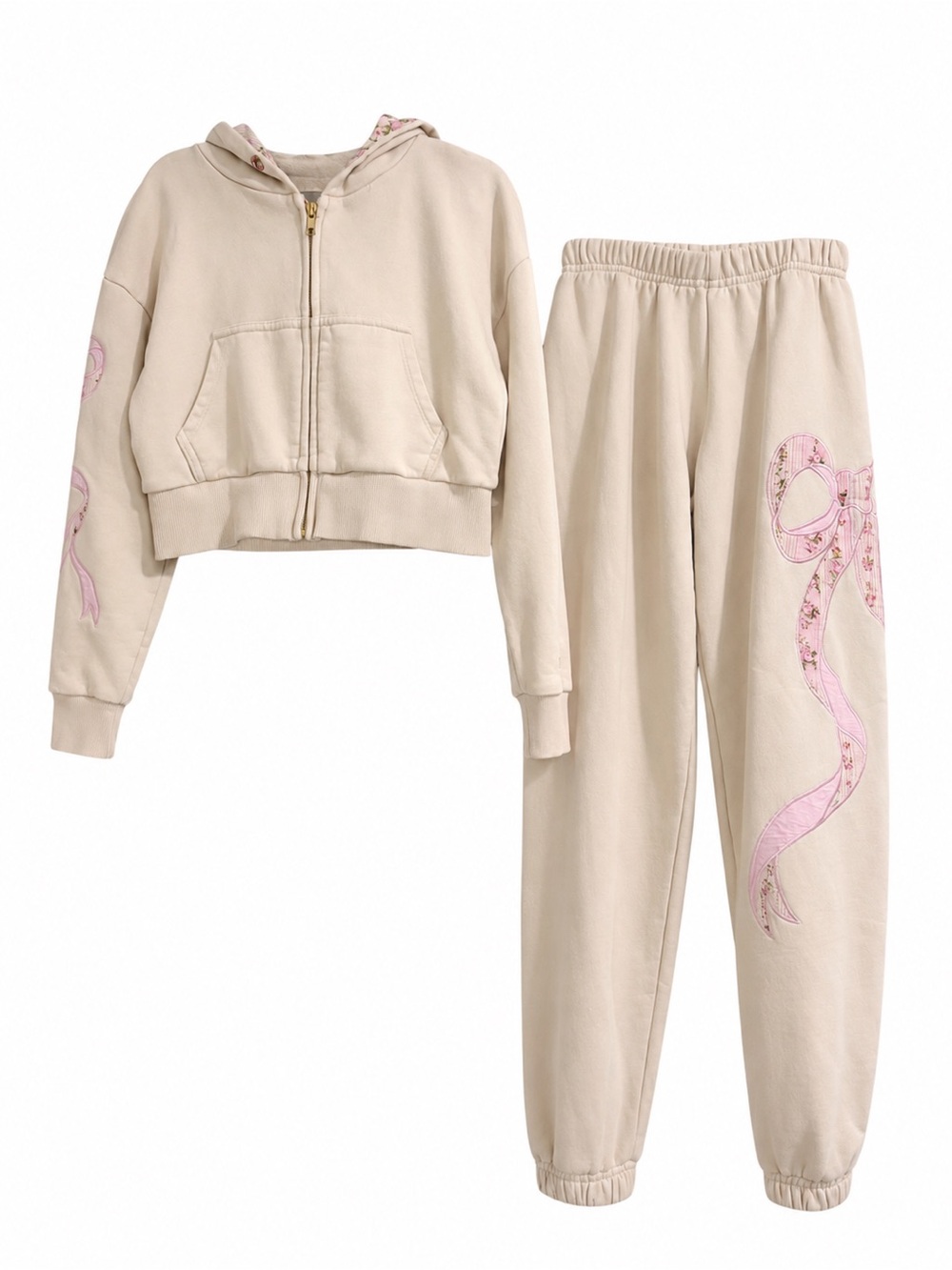 KatieJNyc- Kids Cream Hooded/jogger Set with Pink Ribbon Accents